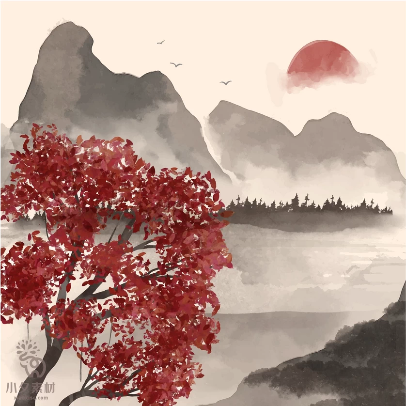 中国风中式禅意水彩水墨山水风景国画背景图案插画AI矢量设计素材【029】